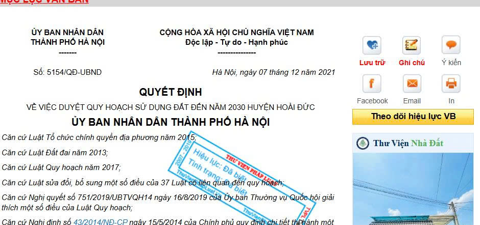 quyết định về quy hoạch sử dụng đất của Xã Hoài Đức năm 2021 